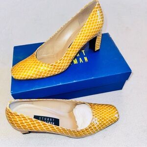 Vintage Stuart Weitzman Pumps Yellow Faux Snakeskin Square Block Heel Sz 8.5